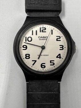 3/$30 Casio Watch Men White Dial Easy To Read Black Band MQ-24 New Battery 9"